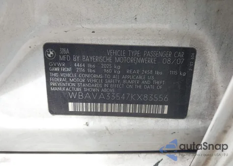 2007 BMW 328I z USA, uszkodzony, nr VIN WBAVA33547KX83556